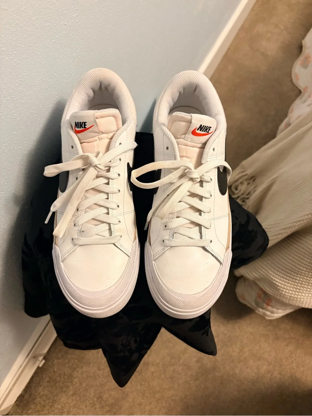 Nike Women’s Court White Sneakers with Black Swoosh and Gold Accent